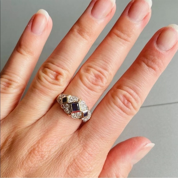 Estate 14k Gold Sapphire & Diamonique Cubic Zirconia Dome Ring - Picture 4 of 11